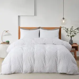 Peace Nest Lightweight Clipped Duvet Cover Set, Geometric Solid Color, White, King