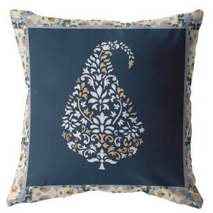 HomeRoots 412632 18 in. Paisley Indoor & Outdoor Throw Pillow, White, Orange & Navy