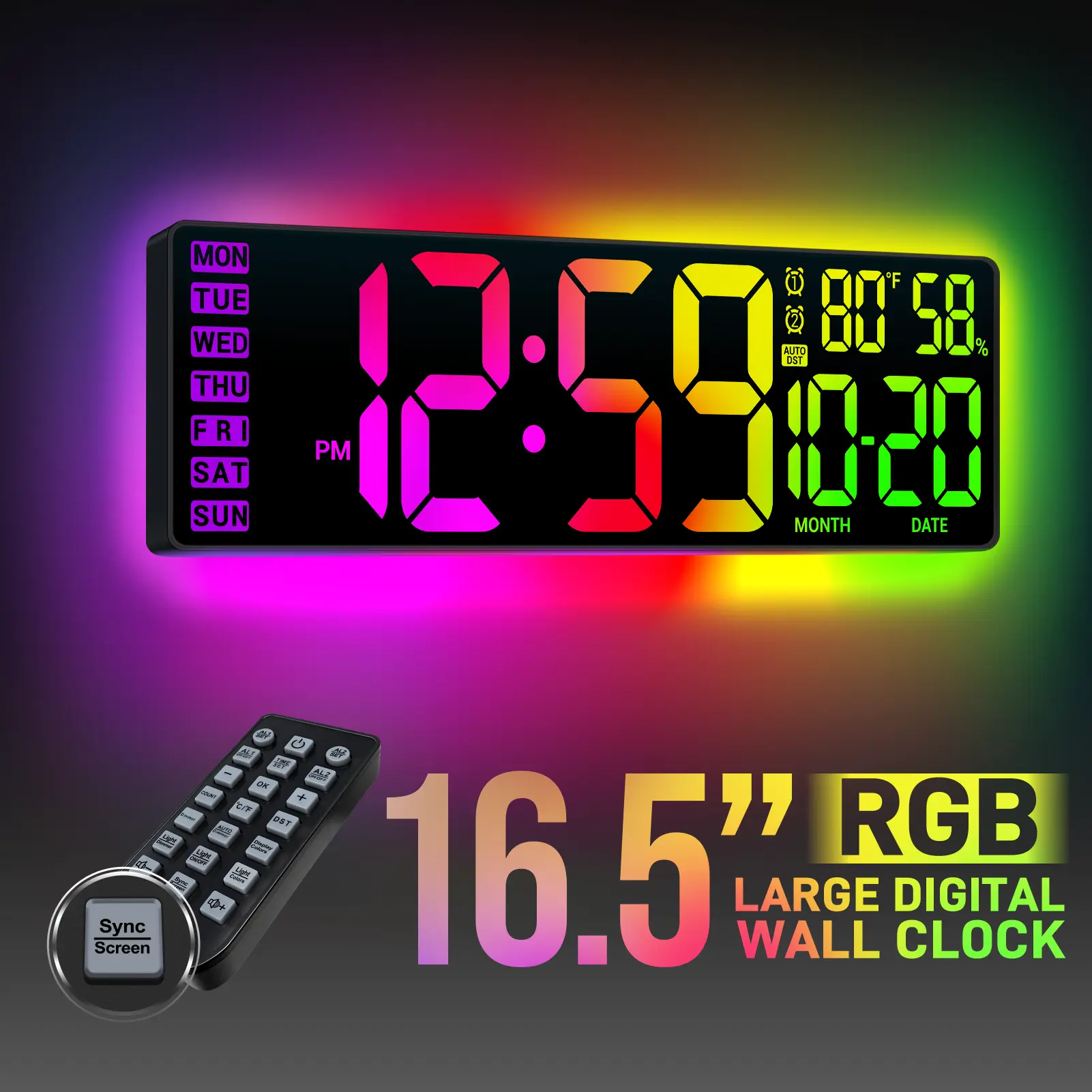 16-inch Modern Rectangle Digital Wall Clock with Dynamic RGB Lights, 11-Scene Mode Remote Control, Dual Alarms, Auto DST, Temperature Display - Adjustable Mount Wall & Desk Home Decor for Classroom, Dynamic Rgb - 16-Inch - Rgb