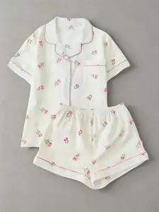 Women's Floral Print Short Sleeve Pajama Set, Elegant Button Front Chest Pocket Design Lapel Neck Top & Elastic Waist Shorts PJ Set, Pyjamas, Ladies Summer Sleepwear, Loungewear, Womenswear, Casual Pajama Set, Matching Pj Set, Loungewear Nightwear