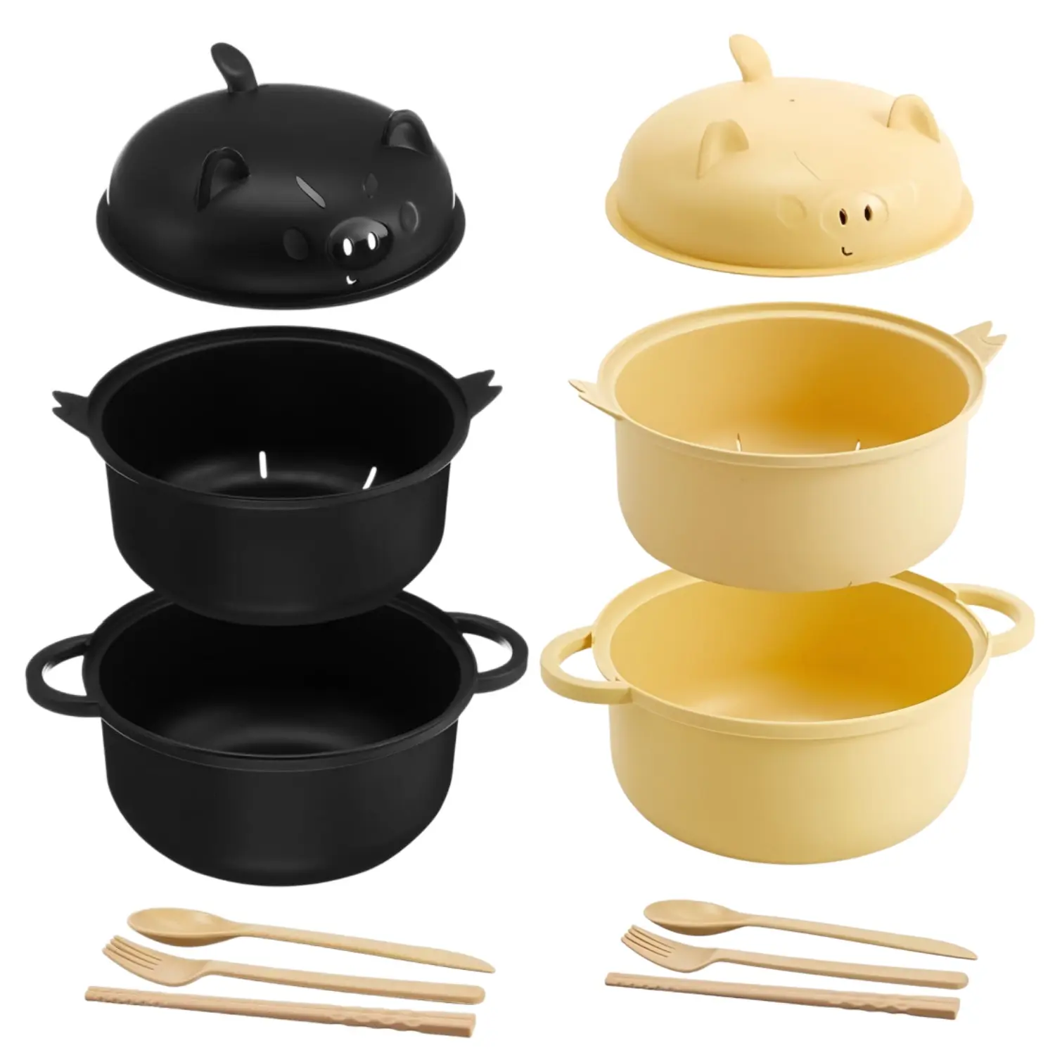 ONESHOW HOME 45oz Easy Round Noodle Cooking Microwave Ramen Bowl Set - Cute Pig Tableware with Lid, Strainer, Spoon & Chopsticks, Full Meal Set That Brightens Mealtime backtoschool