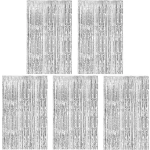 5-Pack Silver Metallic Tinsel Fringe Curtains – Shiny Foil Backdrops for Photo Booths, Birthdays, Weddings, Holidays, and Party Event Decorations