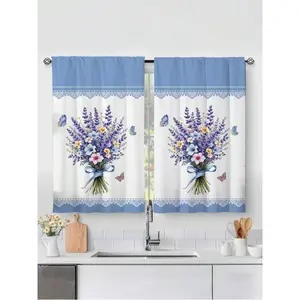 2pcs Romantic Butterfly Bouquet Short Curtain,Without Holes Curtain,Refer To Bedroom Office Kitchen Living Room Study Home Decor