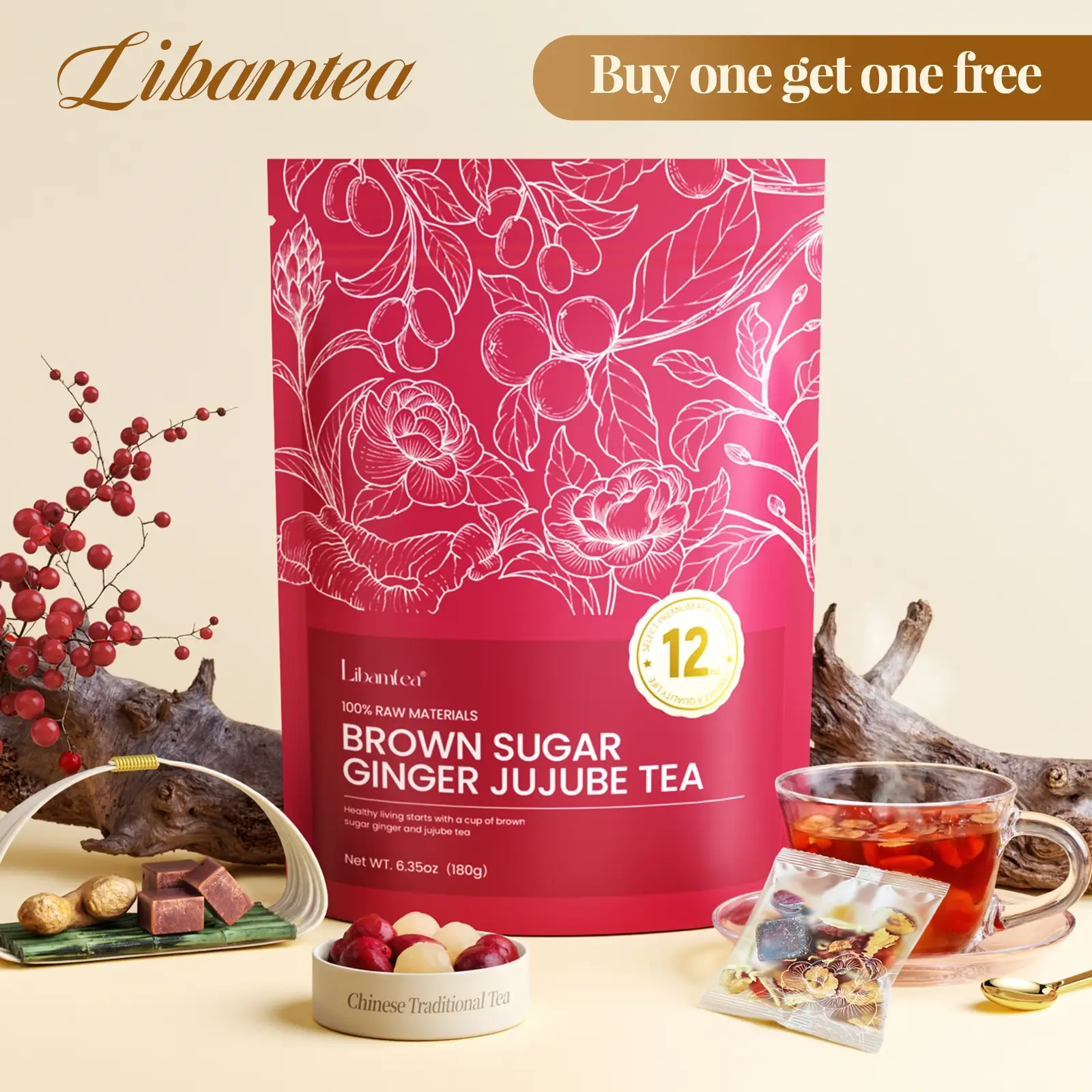 【Buy 1 get 1 free】Libamtea Brown Sugar Ginger Jujube Rose Tea-natural tea drink, rich in natural brown sugar, ginger, red dates, rose, longan,and goji