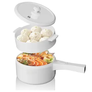 1.5L Electric Hot Pot with Steamer, Ceramic Non-Stick, Portable Travel Cooker for Ramen/Steak/Fried Rice/Soup/Egg with Dual Power Control