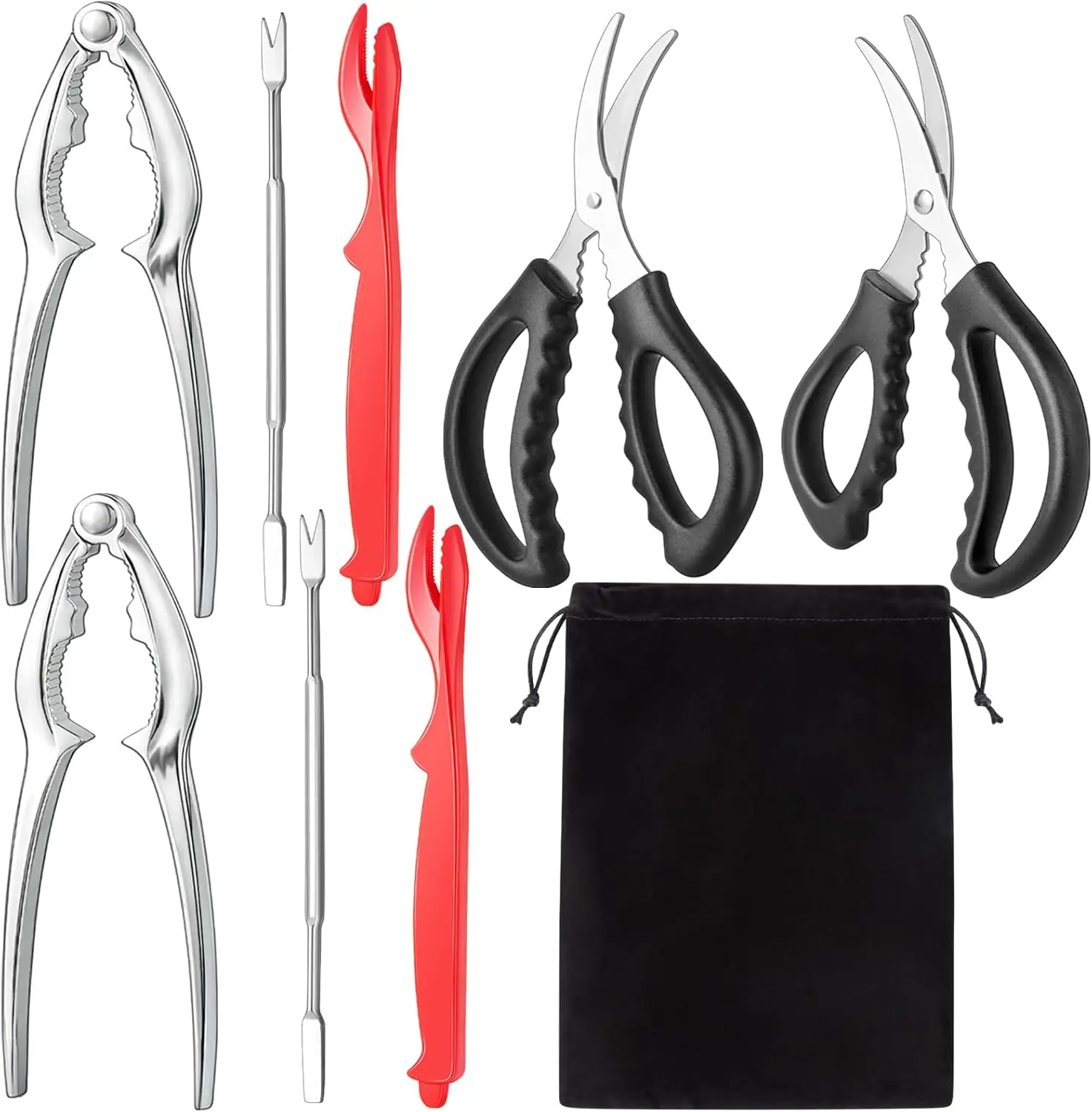 9-Piece Stainless Steel Crab & Lobster Tool Set - Sheller, Leg Fork, Leg Pick, Seafood Scissors, and Storage Bag for Kitchen Seafood Eating Utensils