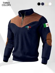Men's Mexican Flag Print Hoodie, Half-Zip Stand Collar for Practicality and Style, Fitted Long Sleeve Fashion for Fall & Winter, Ethnic Pattern Sweatshirt