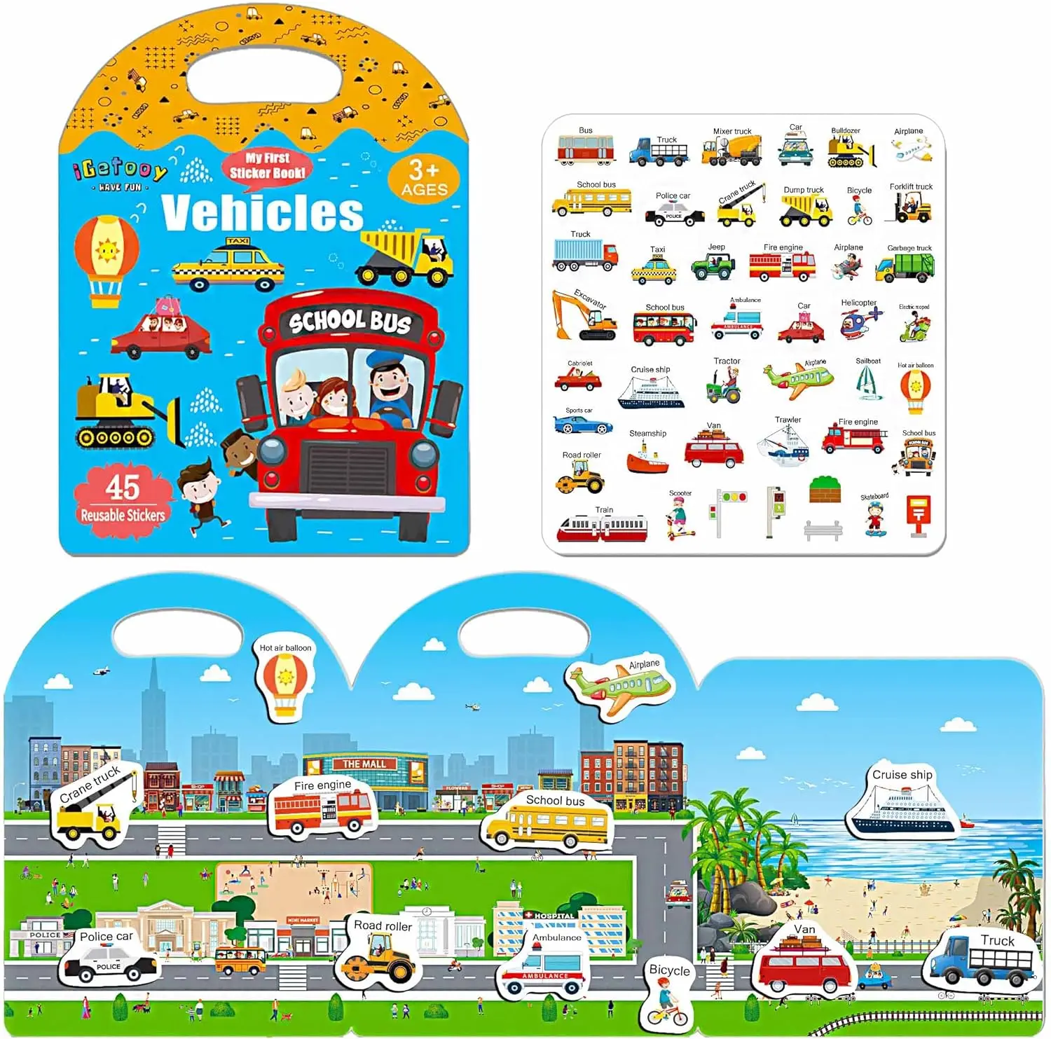 Reusable Sticker Book for Toddlers 2-4 Years - Vehicle Stickers for Kids