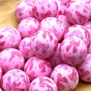 Pink Bows Printed 15mm Silicone Bead Set of 3