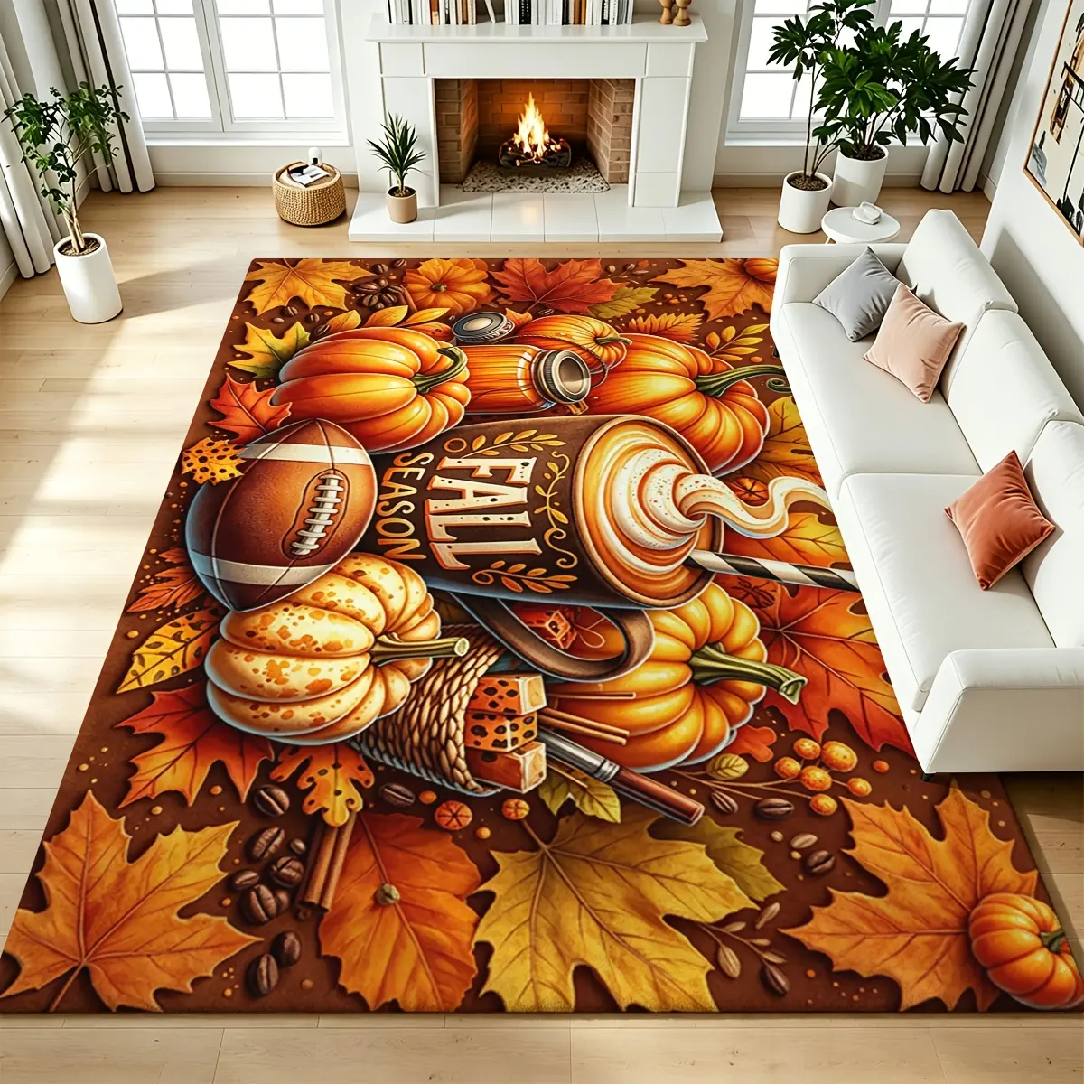 1pc, Fall, Farmhouse, style Pumpkin Maple Leaf Football Pattern, Area Rug Floor Carpet, Velvet, Non Slip, Washable, Comfortable, 4 X 6 Ft, 8 X 10 Ft, Bedroom, Entryway, Hallway, Space Embellishment, Brown, Orange Yellow