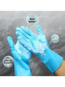 Silicone dishwashing gloves, household cleaning and dishwashing tool, with brush dots, waterproof, oil-proof, and durable gloves.