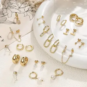 CASSIECA Women's 13-Pair Multi-Size Earring Stack Set, 14 karat Gold-Plated Lightweight Hypoallergenic Huggie Hoops with Dainty Pearl Studs, Daily Wear Gift for Women (Dainty Look) Summervibes