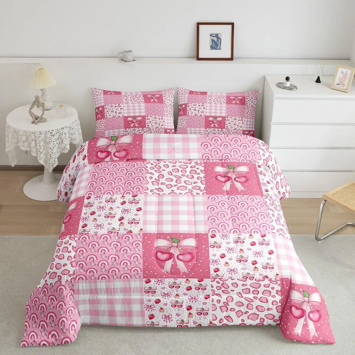 Feelyou Princess Bow Breathable Patchwork Quilt Bedding Set - Fluffy Microfiber Comforter with Digital Print Pink Plaids, Cow Fur Dots, Cherries, Rainbow Desserts, Strawberries, Twin/Full/Queen Sizes & Soft Blanket, Bedding Sets