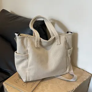 Women's Summer Casual Corduroy Zipper Tote Bag, Large Capacity Multi-Pocket Shoulder Bag, Trendy Versatile High-Quality for Daily Commuting Shopping