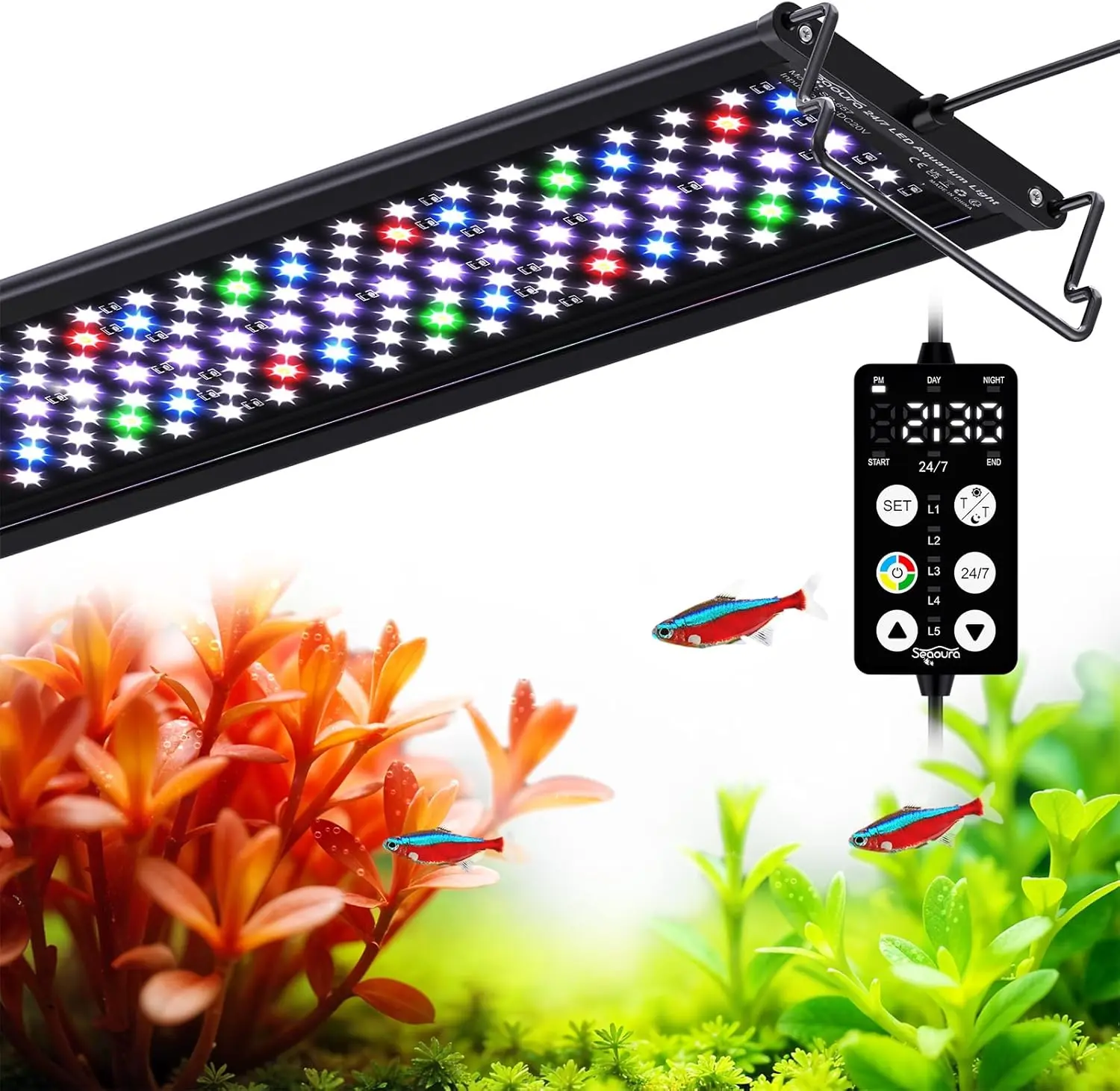 Seaoura LED Aquarium Light - Aluminum Freshwater Plant Aquascaping Lamp for Aquarium Setup (12-18in US Type, 7.2ft Cord, 14W, 24/7 Custom Timer, Power-Off Memory, 7-Row LEDs, 20 Brightness Levels, Day-Night Cycle Adjustment, Adjustable Mount), Timer Contr