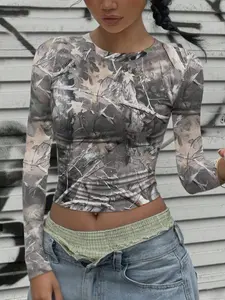 Vintage Street Style Streetwear Dried Branch Camo Camouflage Full Print Slim Fit Short Sleeve Long Top, All Seasons Fashion, Women's Casual Wear Womenswear
