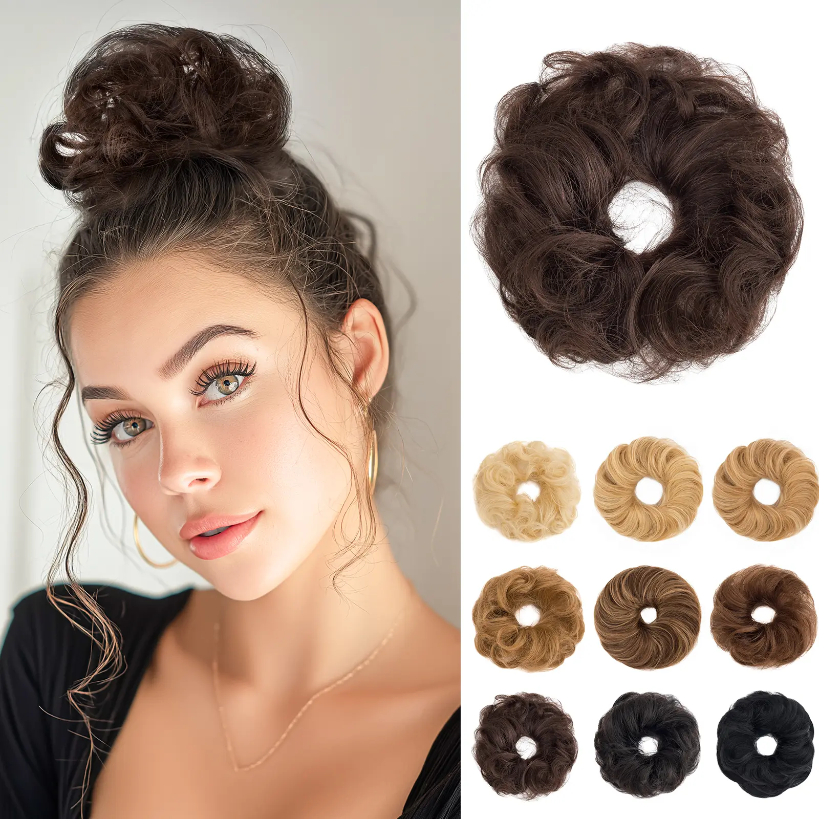 SEGOHAIR Real Human Hair Messy Bun Scrunchie, Bun Hair Piece 17g Lightweight Fluffy Straight Chignon Hair Piece, Voluminous Updo Hair Extensions, Volume Boost Hair Bun Accessory for Women, Black & Ash Blonde