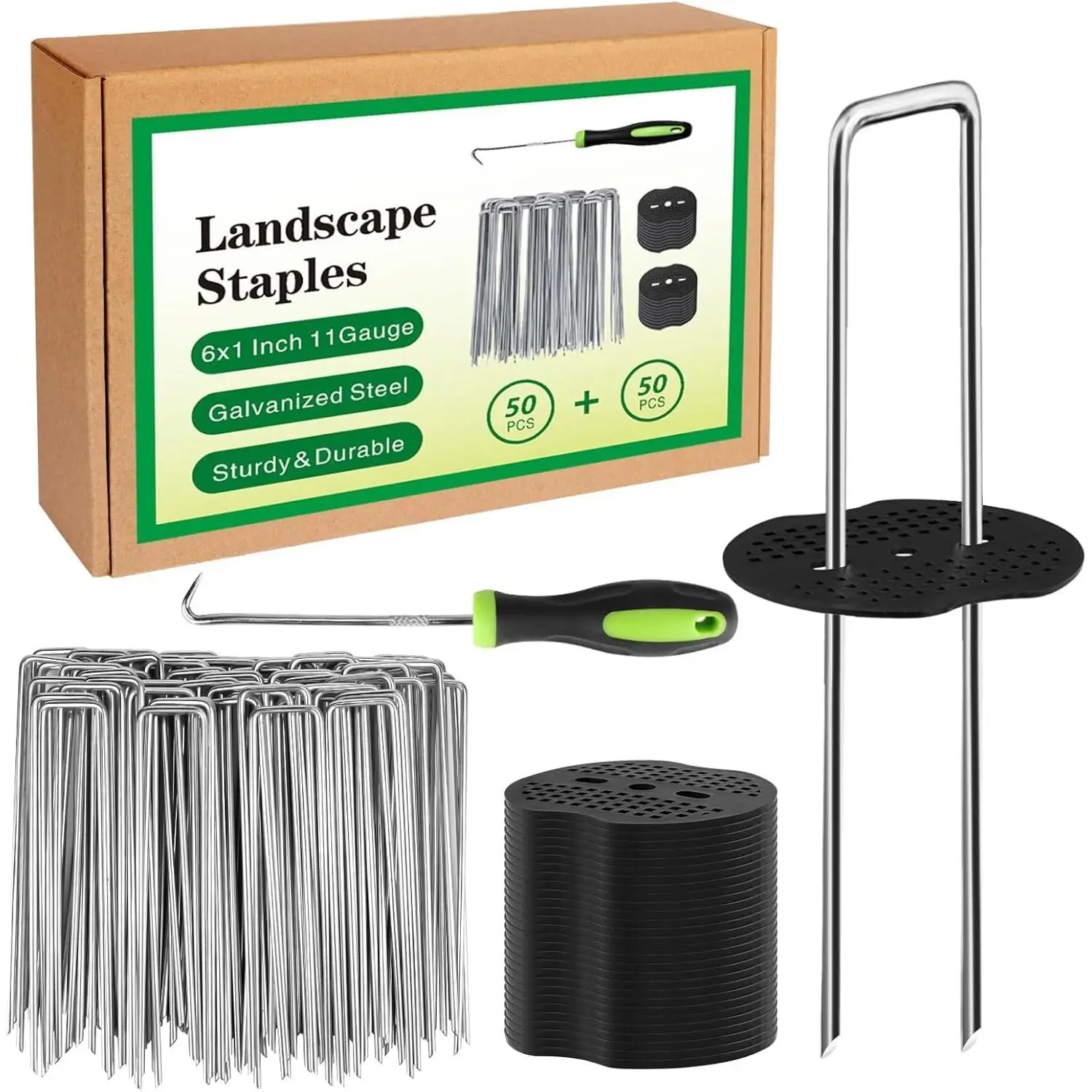 Landscape Staples Set,6 Inch 11 Gauge 50pcs Galvanized Garden Stakes + 50pcs Gaskets + 1Pick Hook,U-Shaped Tent Stakes Landscaping Fabric SOD Pins for
