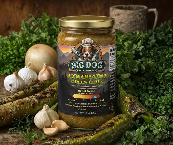 Colorado Green Chile Sauce by Big Dog Sauce Co. - Gluten-Free, Fiber-Source, Low-Cal Cooking Staple, Small-Batch, Room-Temp Southwest Savory Option