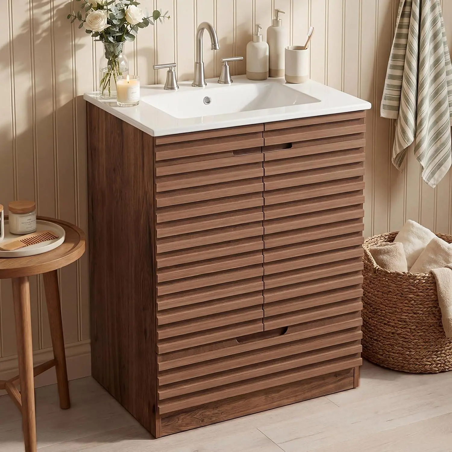 Rustic 24 Inch Bathroom Vanity with Sink, Modern Farmhouse Freestanding Cabinet with 1 Drawer & 2 Doors, Undermount Ceramic Basin with Overflow Protection, Wood Handles