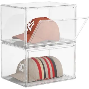 2 Pack Hat Organizer for Baseball Caps, Stackable Hat Storage Box,  Cap Display Case with  Door, Cap Holder Container for Closet, Each Holds 10 Hats Clear