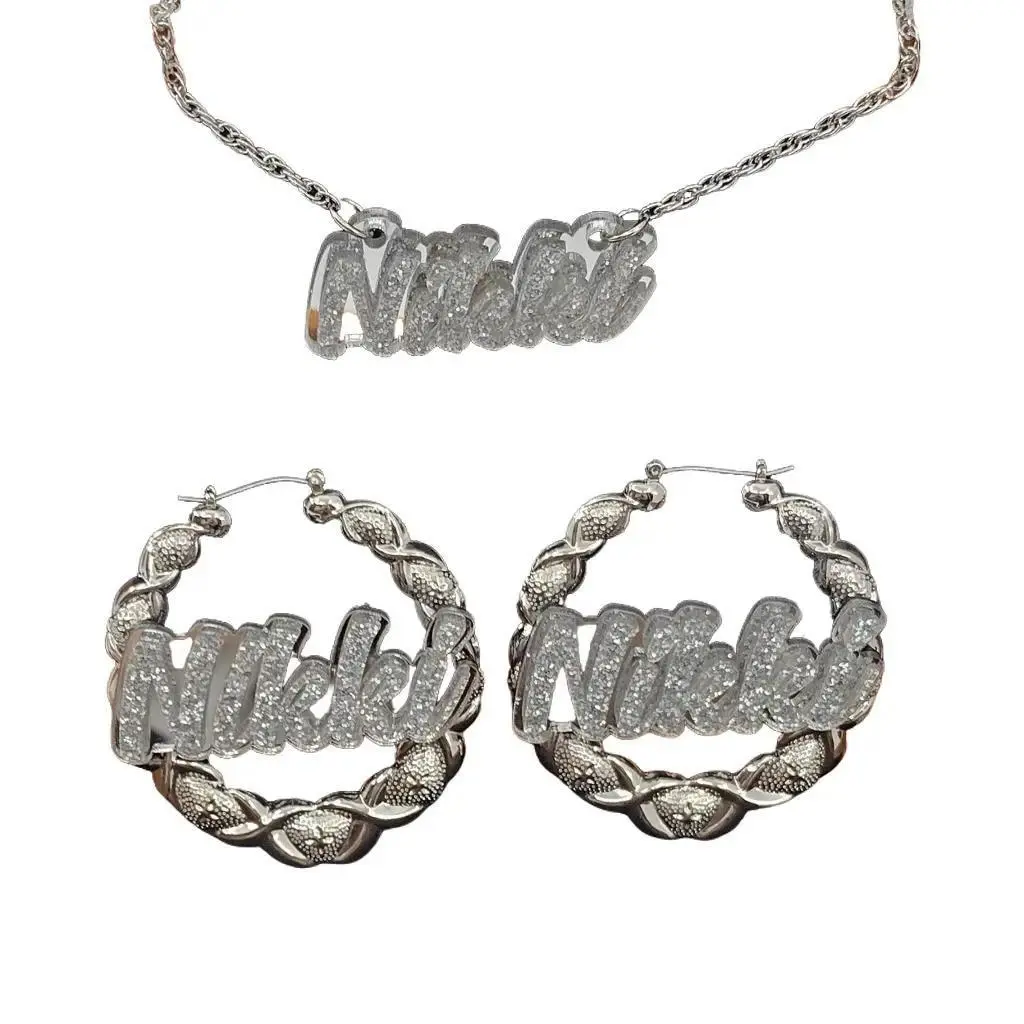 Custom XOXO Silver Hoop Earrings and Personalized Name Necklace Set – Handmade Non-Tarnish Jewelry, Custom Nameplate Gift for Women, Girls, Best Friends, Background Color Options