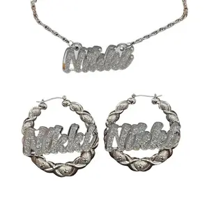 Custom XOXO Silver Hoop Earrings and Personalized Name Necklace Set – Handmade Non-Tarnish Jewelry, Custom Nameplate Gift for Women, Girls, Best Friends, Background Color Options