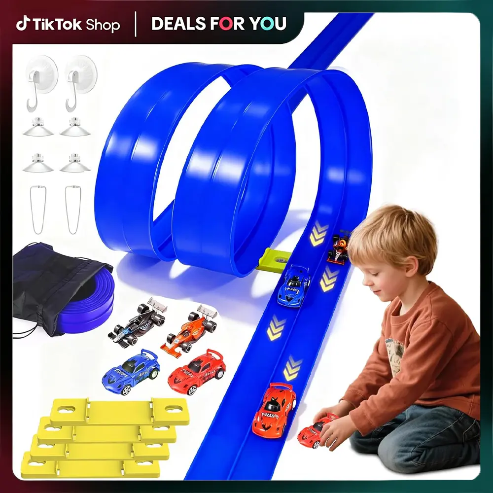 20FT Flexible Race Car Track for Kids Ages 3-8, Bendable Wall & Floor Ramp Track with 4 Mini Cars, Suction Cups & Hooks, Compatible with Hot Wheels 1:50 Diecast Cars, Summer Birthday & Christmas Gift for Boys Girls