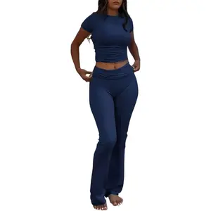 Women's 2 Piece Lounge Sets Short Sleeve Crop Top Foldover Flare Pants Casual Pajama OutfitsGift