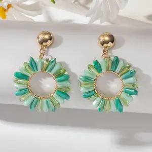 [1 Pair Boho Chic Sunflower Earrings] 1 Pair Boho-Chic Handcrafted Beaded Sunflower Hoop Earrings - Sweet Pink Geometric Circles, Stainless Steel Posts, Ideal for Daily Wear & Vacation Accessory for Women, Quirky Earrings