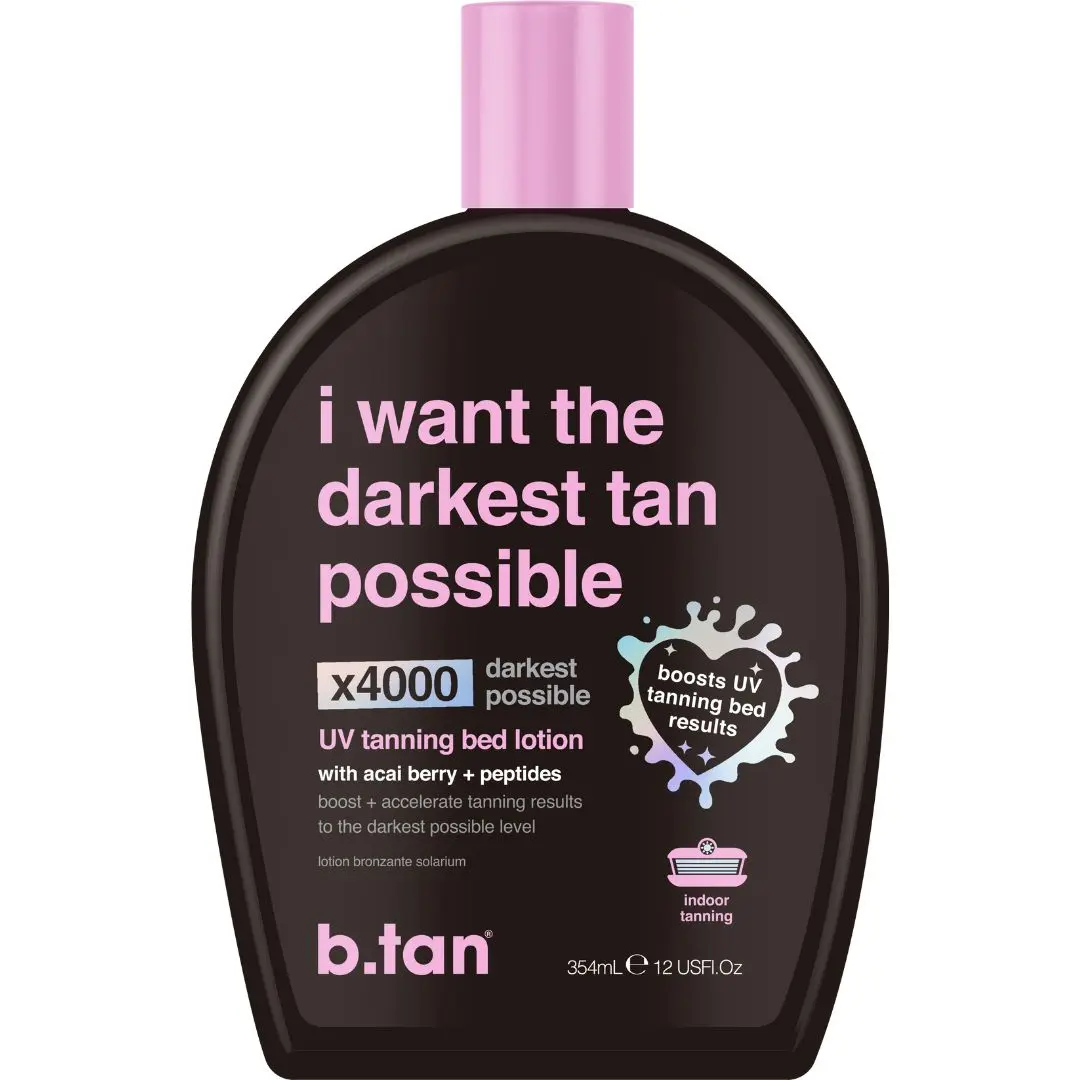 b.tan UV Tanning Bed Lotion - x4000 Intensifiers, Vegan Tanning Enhancer, Body Care Cosmetic, Indoor Accelerator, Acai Berry & Peptides Infused, Smooth Ultra-Dark Tan, No Sun Protection, for Adults, Hydrating, Suitable for Normal & All Skin Types