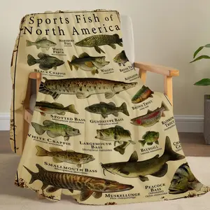 Sport Fish Print Flannel Throw Blanket Super Soft Cozy Fishing Blanket Warm Plush Nap Blanket for Bed Sofa Office Travel Machine Washable Home Gift