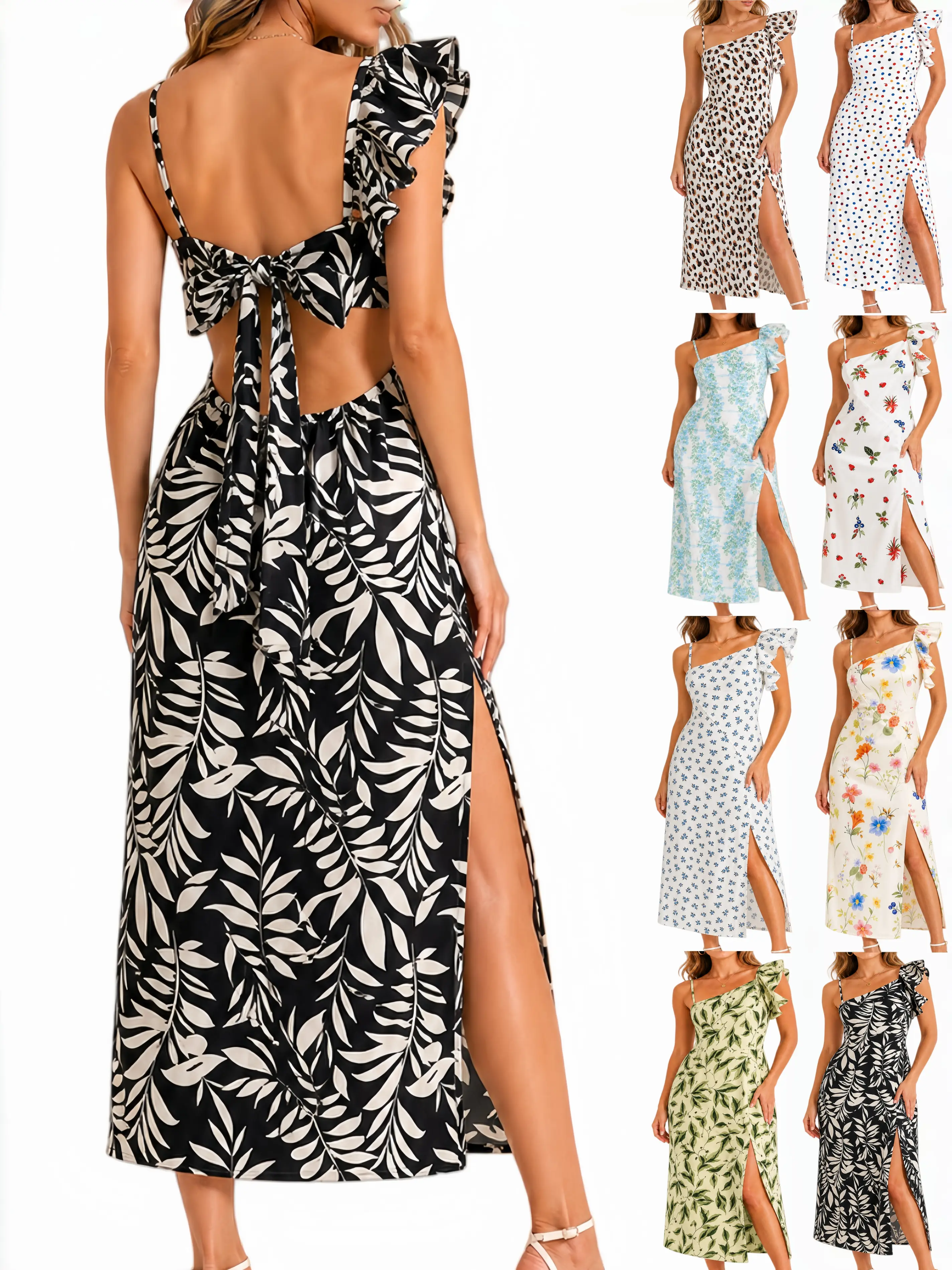 Tropical Leaf Print Midi Dress for Women, Sleeveless Open Back Bow Tie Summer Dress with Side Slit, Adjustable Ruffle Straps Black and White Dress for Vacation Party