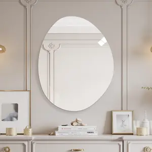 Modern Frameless Bathroom Mirror for Wall, 40x32 Inch Asymmetrical Oval Mirror, HD Copper-Free Silver Glass, Anti-Oxidation, Vertical Hanging