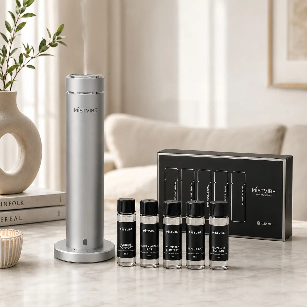 MistVibe Home Scent Discovery Set - Silver Aroma Diffuser Gift Kit with 5 Fragrance Oils, Remote Control & Timer for Bedroom, Desk and Entryway