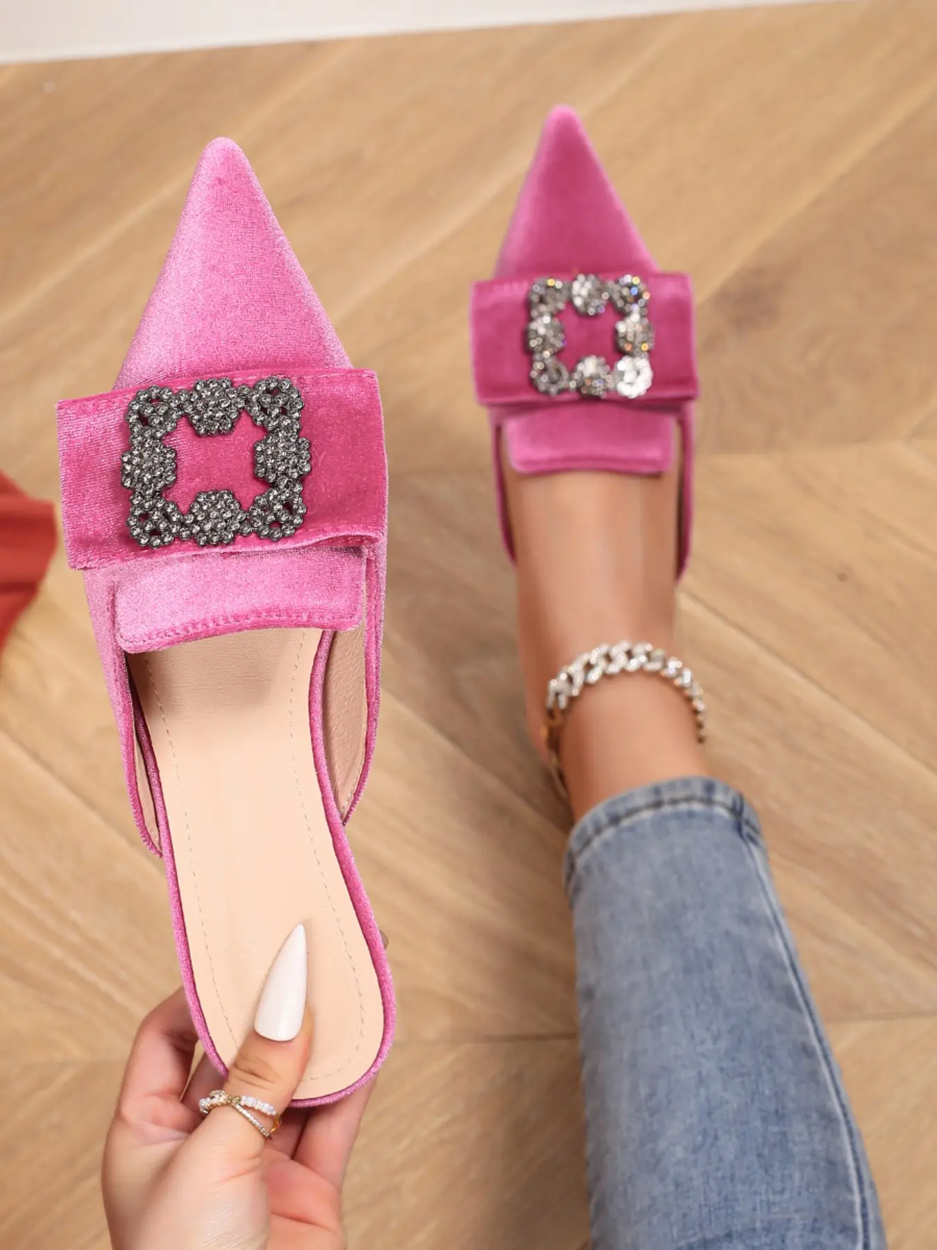 Women's Pointed Toe Flat Mules, Spring & Fall Fashion Bow Knot Slippers, Comfortable Soft Velvet Casual Shoes, Rhinestone Bow Mules, Mule Flats