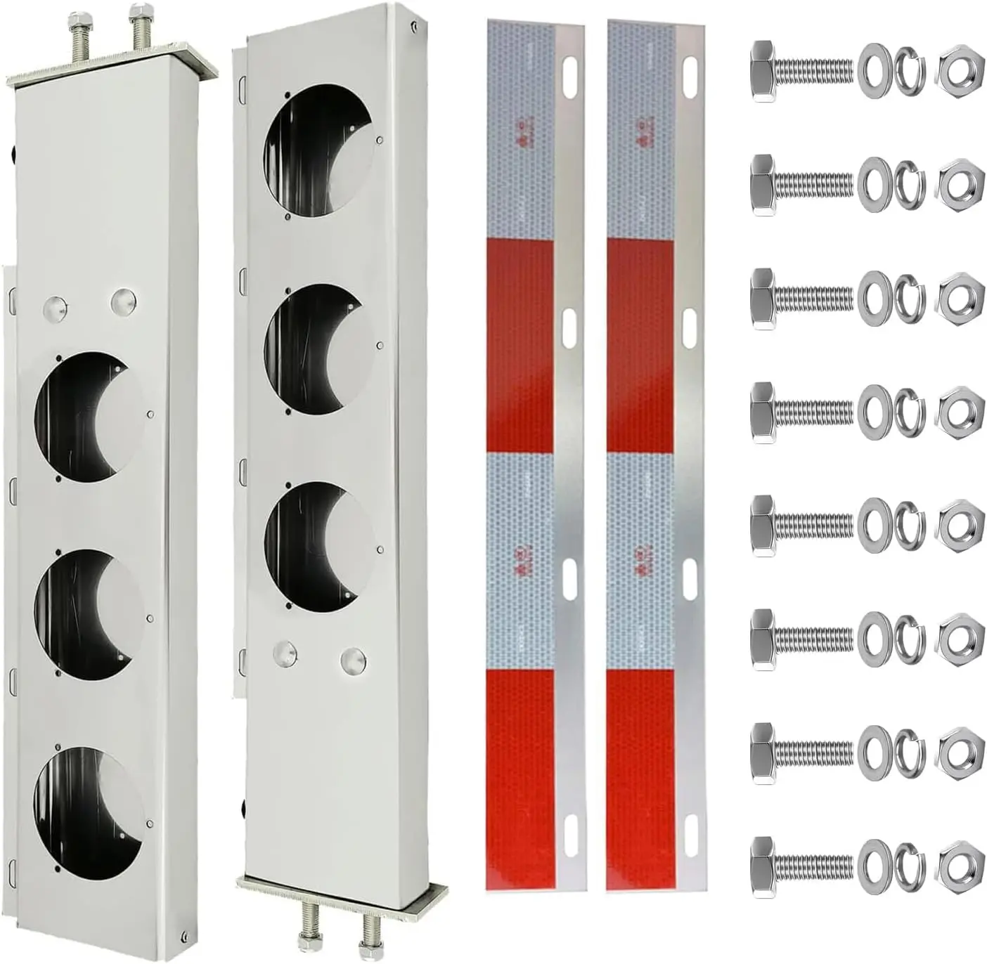 Stainless Steel Mud Flap Hanger Set with Circle Light Cutouts 2-1/2" Bolt Spacing 30" Length Rear Bar for Semi Trucks, 2.5" Bolt Spring Loaded with Aluminum Reflective Tapes