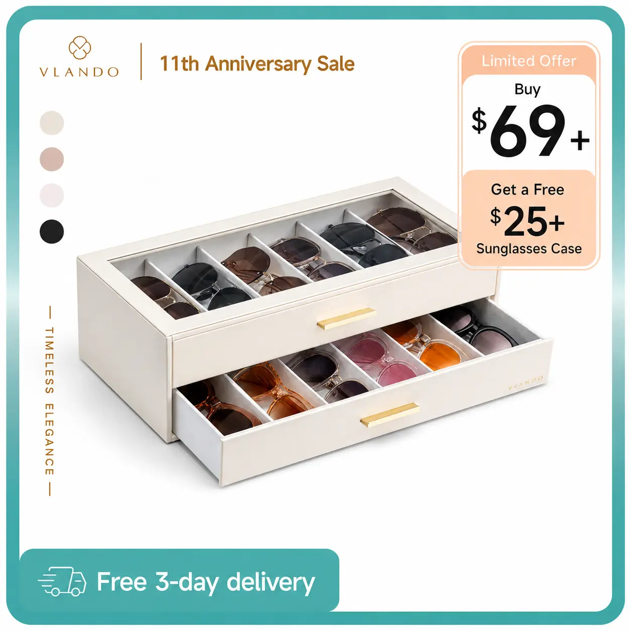 VLANDO 12-Grid Sunglasses Organizer Case, 12-Slot Eyeglass Storage Box with Clear Lid and 2 Drawers, PU Leather Glasses Holder for Women and Men, bedroom  organizer summerwins,dorm essentials,home decor
