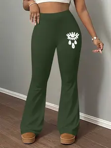 Pattern Print Women's Bottoms Casual Slim Fit Fitted Flare Leg Pants, Womenswear, Long Regular Length, Elastic Waist, Plain Pattern, Spring Autumn Winter Home Wear