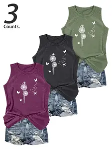 Women's  Round Neck Floral Butterfly Printed Tank Sleeveless Top, Casual Sleeveless Top for Summer, 3 Pieces Tanks Ladies Clothes for Daily Wear