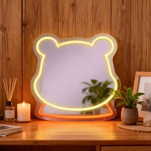 Cute Winnie Bear Neon Mirror LED Bear Shape Mirror with Light, Wall Mounted Vanity Mirror Lamp for Bedroom, Soft Glow Night Light Decor for Kids Room Nursery, Gift for Birthday Christmas