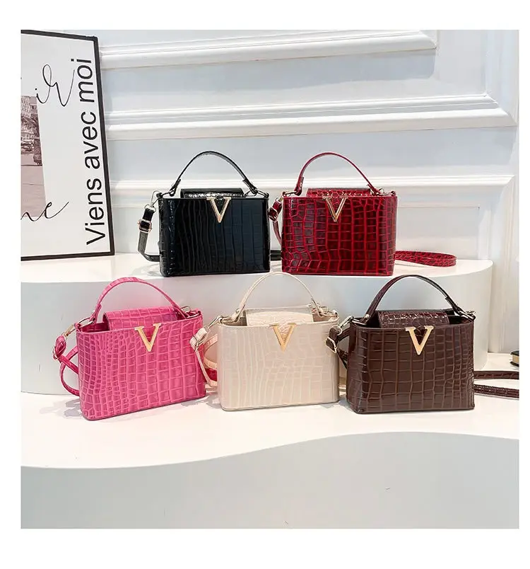 Elegant Crocodile-Textured Handbag with Gold V-Logo in Multiple Colors for Women's Fashion