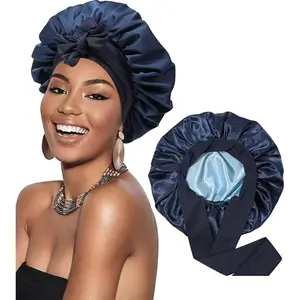 Satin Bonnet Silk Bonnet for Sleeping Silk Sleep Cap Double Layer Hair Bonnet with Elastic Tie Band for Curly Hair Night Cap