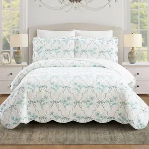 Modern Heirloom 3pc King Floral Frames Quilt Bedding Set Blue