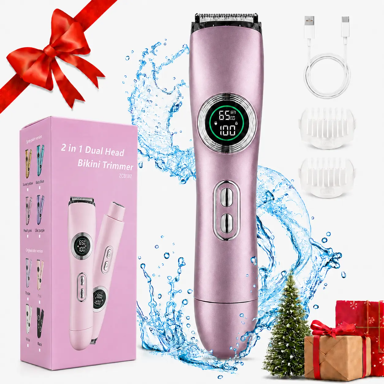 Bikini Trimmer for Women, Electric Shaver and Razor Rechargeable 2-in-1 Body and Facial Epilator, Dual Heads for Painless Trimming of Pubic Hair, Face, Underarms and Legs, IPX7 Waterproof. Christmas Gift New Year Gift Shaving Grooming dual-head groomer