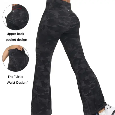 POBODO Women's Printed Flared Workout Leggings - Comfy Athleisure Pants, Casual Sporty Pants, Athleisure Wear, Butt Lift, Slim-Fit, Invisible Back Zippered Pockets, All Seasons Comfy Breathable Activewear for Gym, Travel