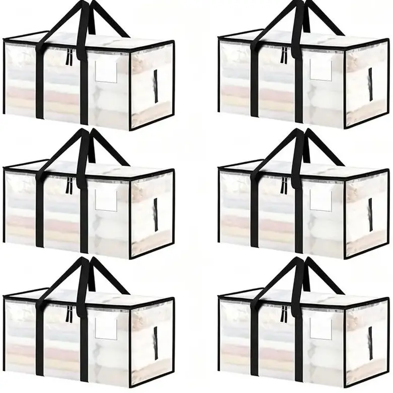 Large-capacity, transparent, thick-walled plastic storage bins with hinged lids; sturdy, durable, high-capacity organizers ideal for home use, camping, travel, attics, dorm rooms, and moving