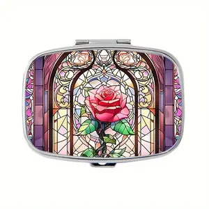 Elegant Rose Theme 2-Layer Medicine Box, Decorative Colorful Glass Design, Portable Vitamin and Drug Storage, Vitamin Organizer, Suitable for Wallet and Travel