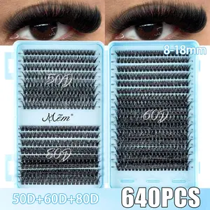640pcs DIY False Eyelashes 8-16mm Mixed Length, 10D/20D/30D/40D/50D/60D/80D Clusters, Russian Curl Natural Dense Style for Home Use Eyelash Extension