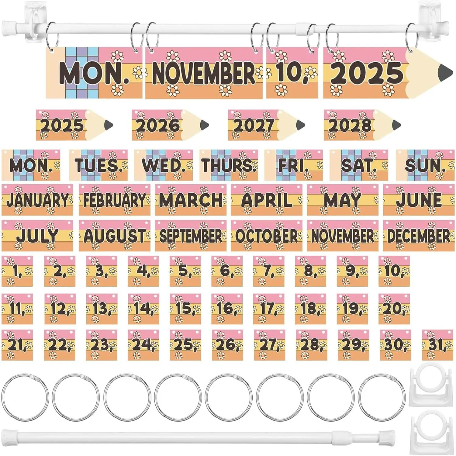 Retro Pencil Shape Flip Calendar with Adjustable Calendar Holder and 54 Date Cards Classroom Set for Home  to School Classroom Decoration Supplies (Disco)
